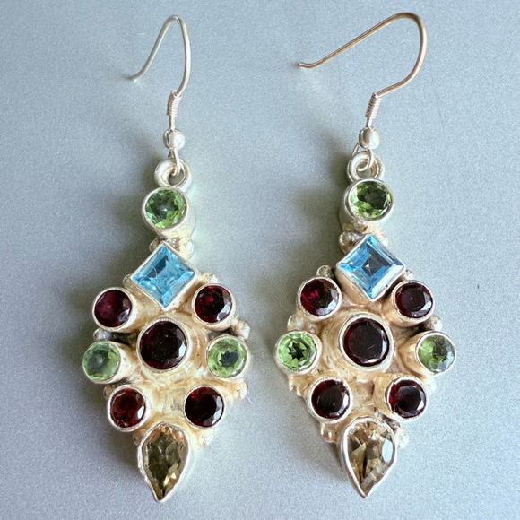 Multi Color Gemstones Sterling Silver Rhombus Boho Dangle Earrings, Neck… - Picture 6 of 12